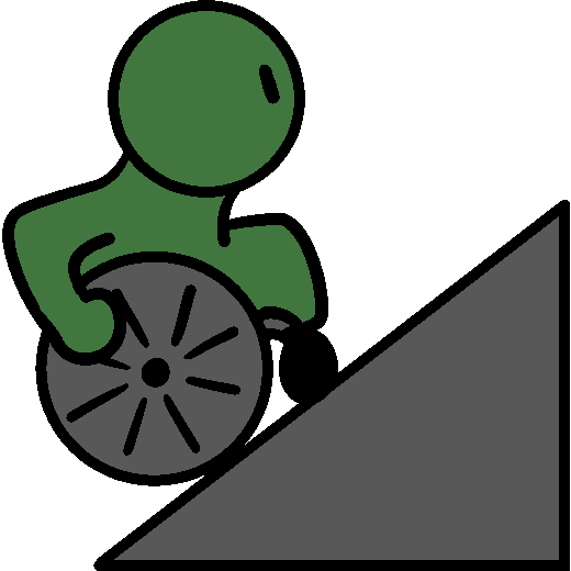 A green person in a wheelchair leaning forward with their hands on their wheels while going up an extremely steep ramp.